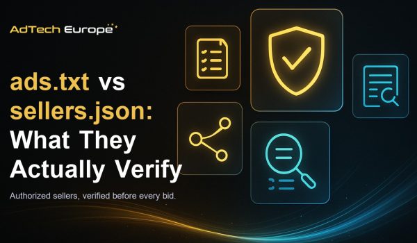 ads.txt, app-ads.txt, and sellers.json explained feature image showing verified supply chain authorization for programmatic buyers.