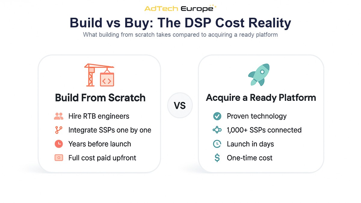 Infographic comparing the cost and timeline of building a DSP from scratch versus acquiring a ready-made DSP platform.