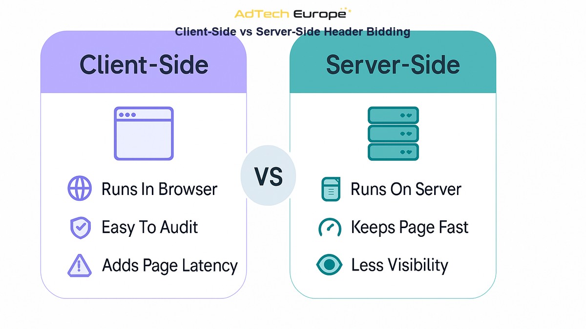 Infographic comparing client-side header bidding run in the browser to server-side header bidding run on a server.