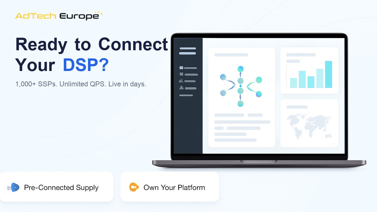 AdTech Europe dashboard image promoting a DSP platform pre-connected to over 1,000 SSPs with unlimited QPS.