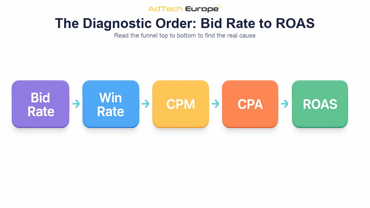 Diagnostic order flow for DSP reporting metrics from bid rate to ROAS