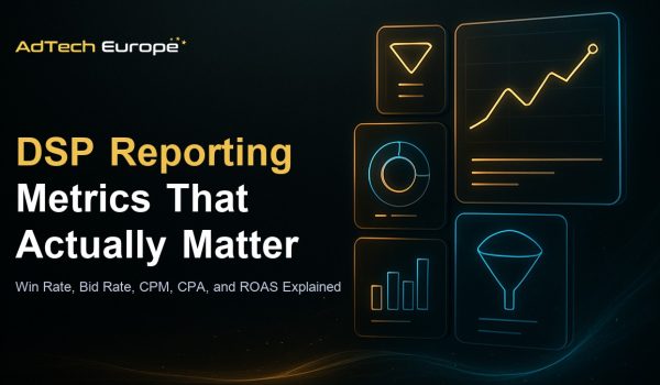 DSP reporting metrics dashboard header for win rate, bid rate, CPM, CPA, and ROAS