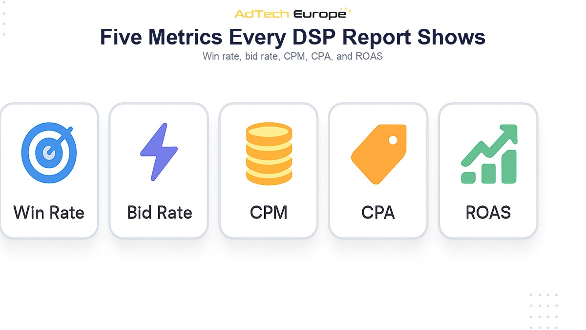 Five DSP reporting metrics icon overview: win rate, bid rate, CPM, CPA, and ROAS
