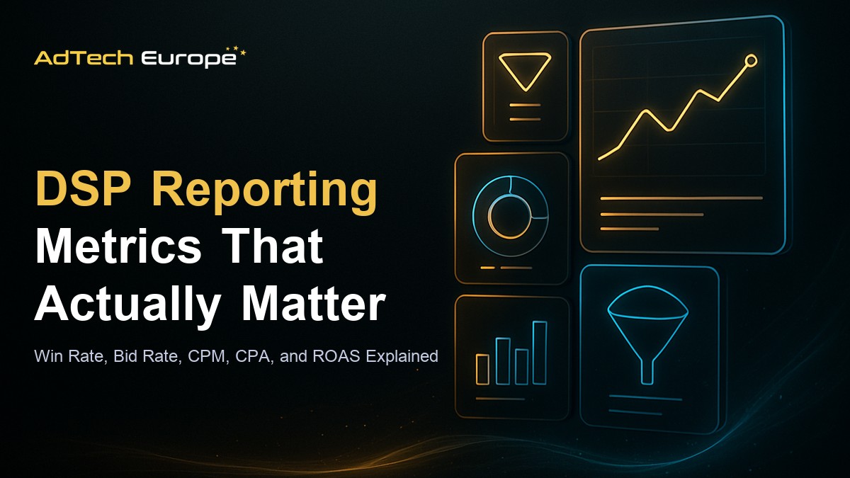 DSP reporting metrics dashboard header for win rate, bid rate, CPM, CPA, and ROAS