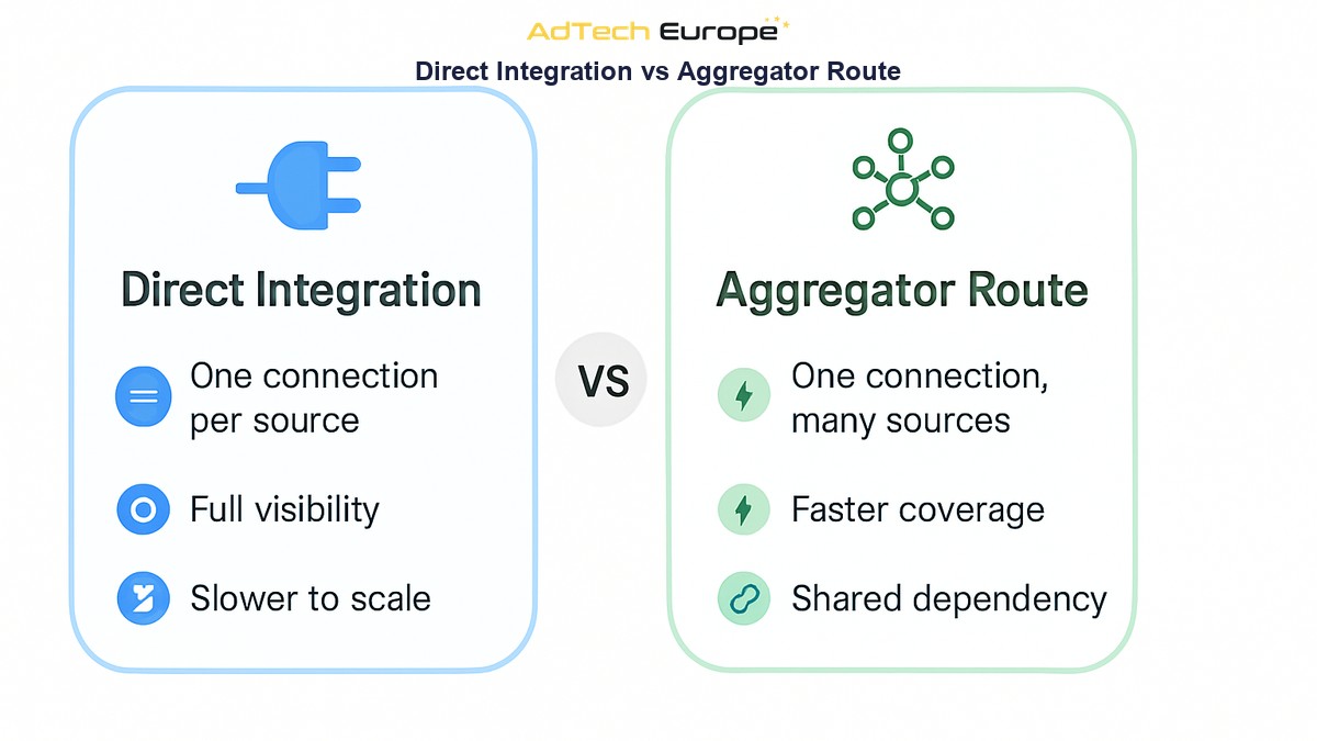 Infographic comparing direct SSP integration versus connecting supply through an ad exchange or aggregator.