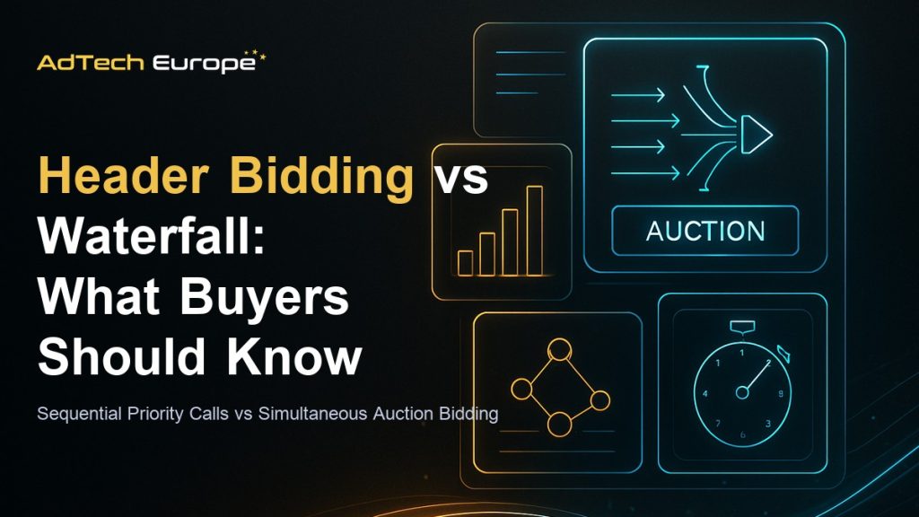 Header bidding vs waterfall feature image comparing simultaneous auction bidding to sequential priority-ranked ad serving.