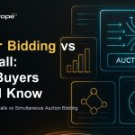 Header bidding vs waterfall feature image comparing simultaneous auction bidding to sequential priority-ranked ad serving.