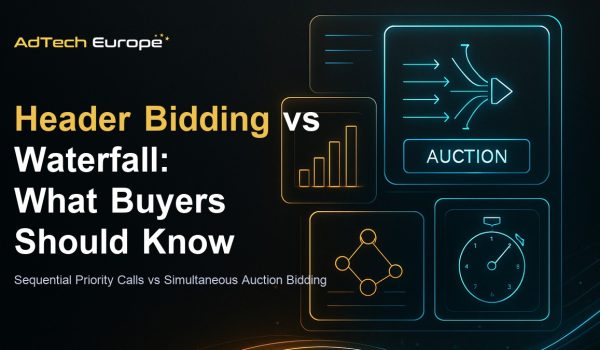 Header bidding vs waterfall feature image comparing simultaneous auction bidding to sequential priority-ranked ad serving.