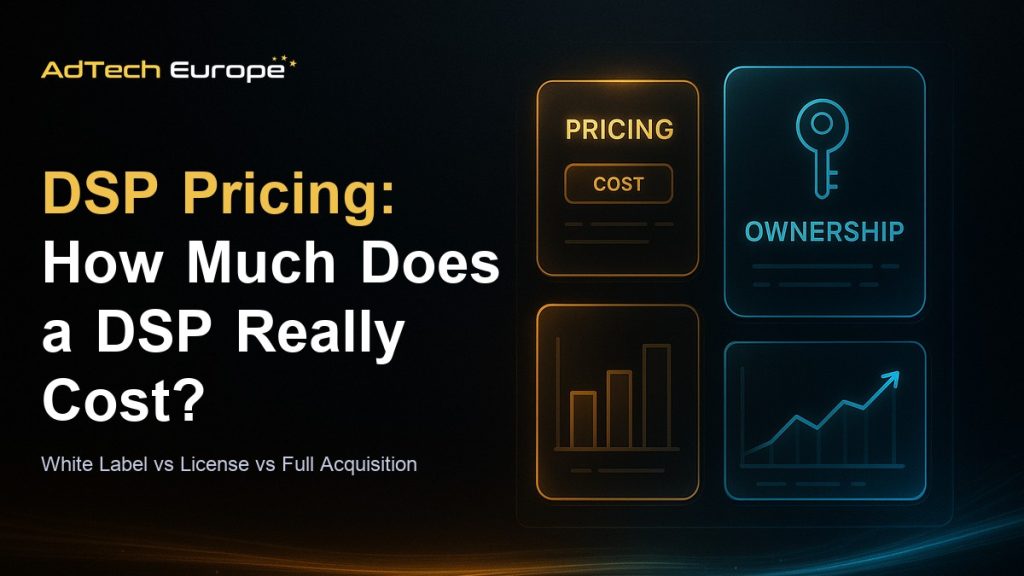 How much does a DSP cost feature image comparing white label DSP, DSP license, and full source-code DSP acquisition pricing models.