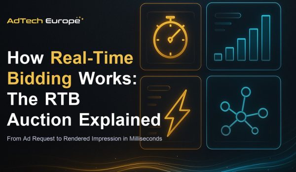 How real-time bidding works featured image showing the RTB auction between publishers, exchanges, and DSPs.