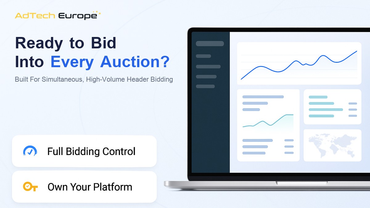 AdTech Europe dashboard image promoting a fully owned DSP built for header bidding with unlimited QPS and no throttling.