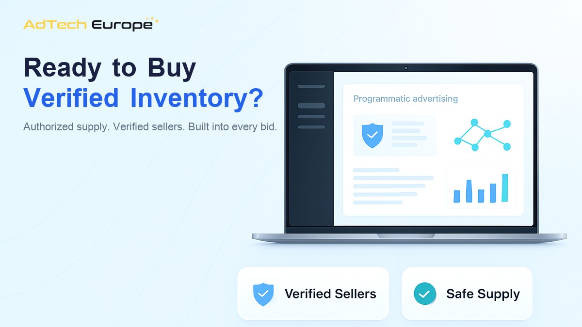 AdTech Europe dashboard image promoting a DSP platform with built-in ads.txt and sellers.json supply chain verification.