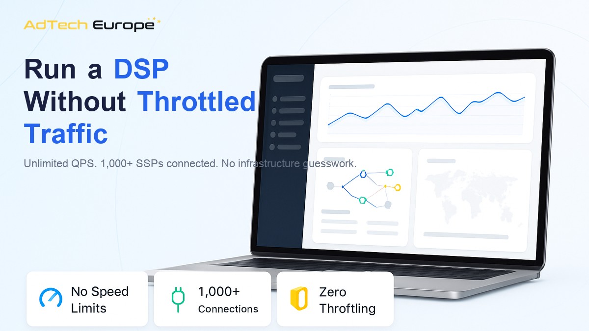 AdTech Europe dashboard image promoting DSP ownership with unlimited QPS scaling and 1000 plus SSP integrations