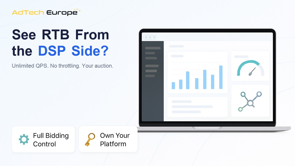 AdTech Europe dashboard image promoting DSP ownership with unlimited QPS and no auction throttling for real-time bidding.
