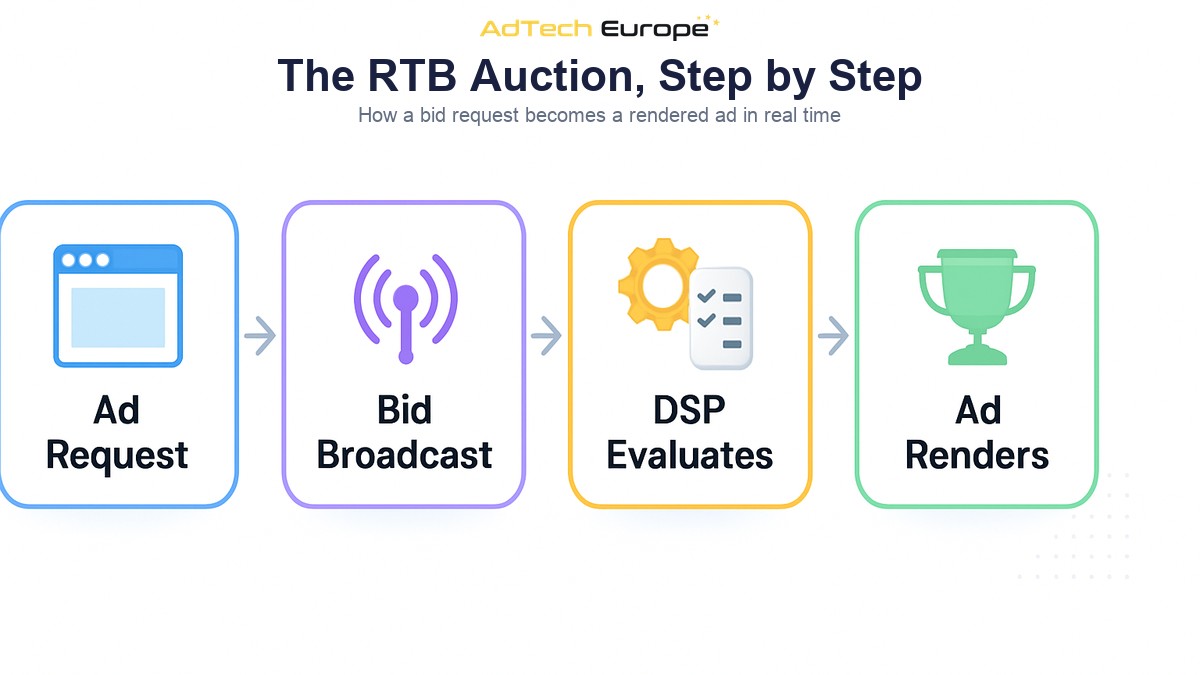 Infographic showing the RTB auction step by step from ad request to bid request, bid response, and winning creative render.