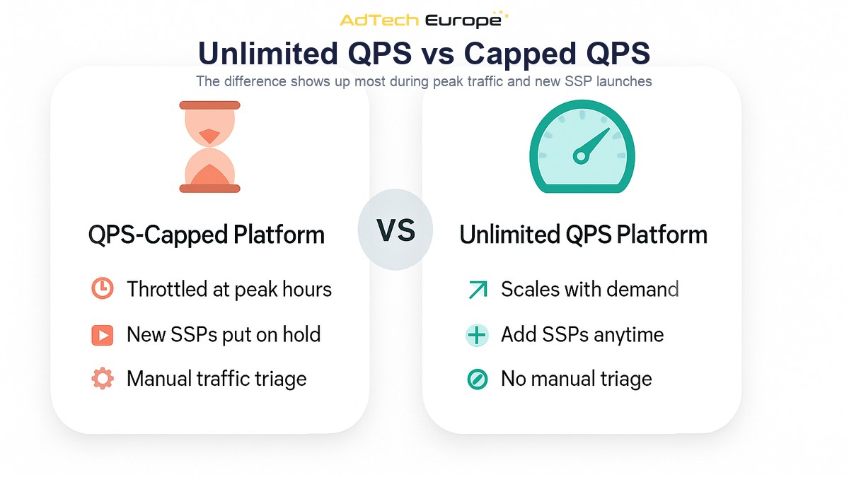 Infographic comparing a QPS-capped DSP platform to a DSP platform with unlimited QPS scaling