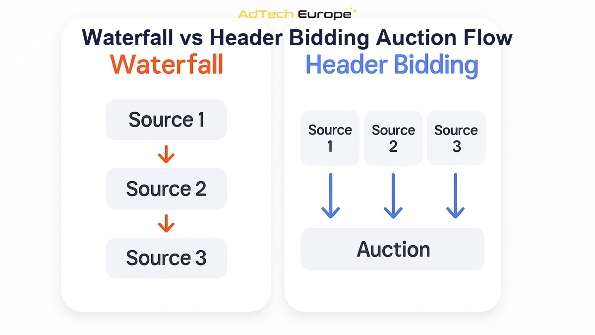 Infographic comparing sequential waterfall ad serving to simultaneous header bidding auction flow.