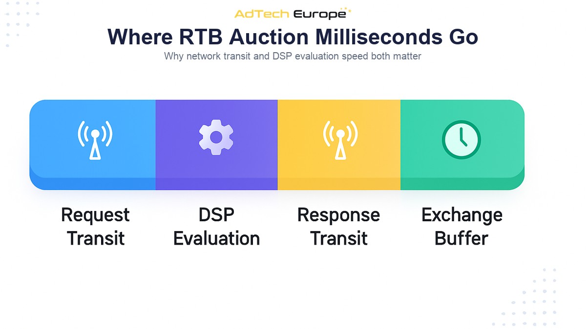 Infographic showing where the milliseconds go in an RTB auction across request transit, internal evaluation, and response transit.