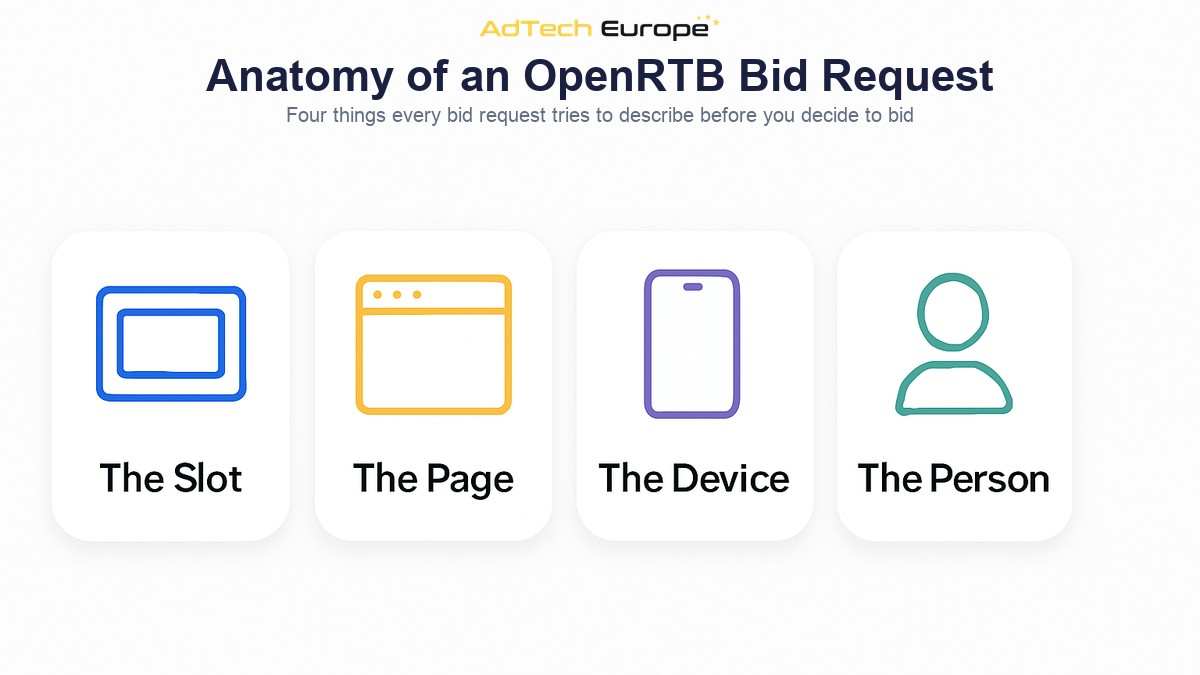 Infographic showing the main OpenRTB bid request objects: the impression, the site or app, the device and the user.