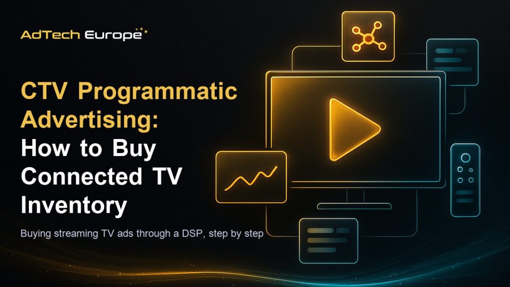 CTV programmatic advertising feature image showing a connected TV screen linked to DSP dashboard panels.