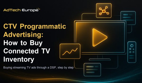 CTV programmatic advertising feature image showing a connected TV screen linked to DSP dashboard panels.