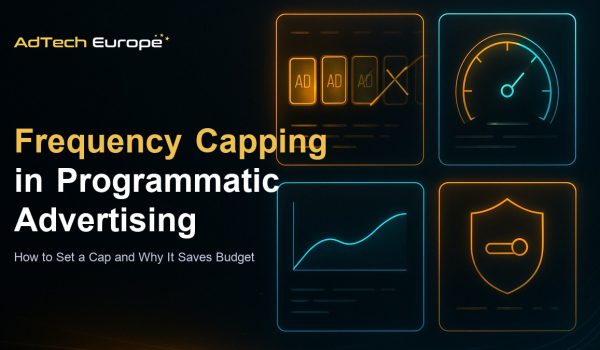 Frequency capping in programmatic advertising feature image showing a DSP dashboard limiting repeat ad impressions per user.