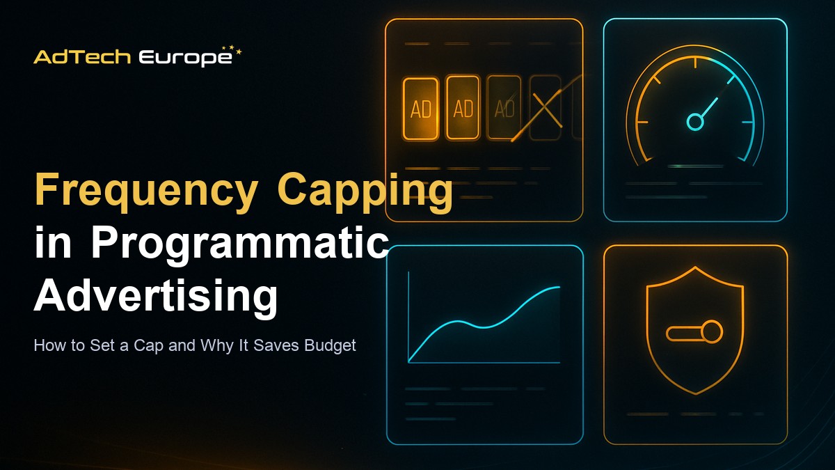 Frequency capping in programmatic advertising feature image showing a DSP dashboard limiting repeat ad impressions per user.