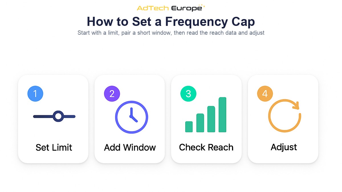 Infographic showing the four steps to set a frequency cap: set a limit, pair a short window, measure reach and adjust the cap.