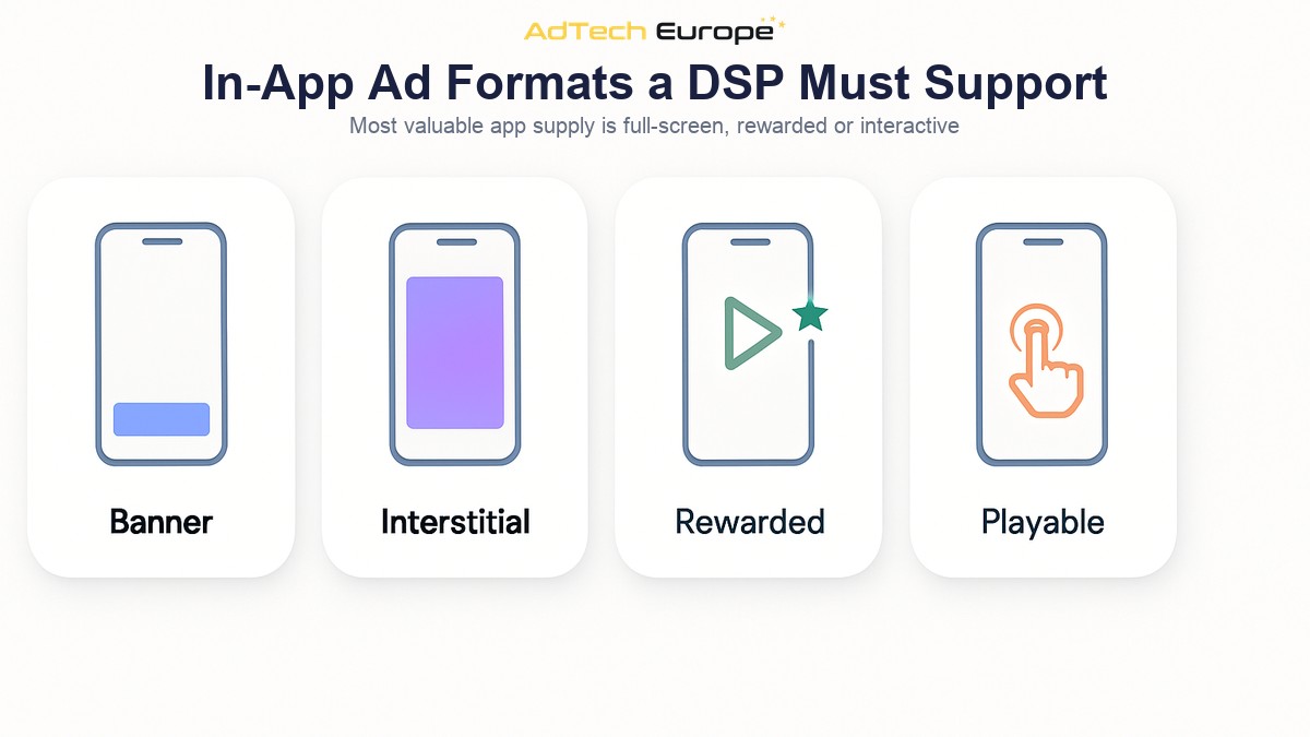 Infographic showing the four in-app ad formats a DSP must support: banner, interstitial, rewarded video and playable.