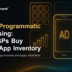 In-app programmatic advertising feature image showing a mobile app ad placement connected to a DSP bidding dashboard.