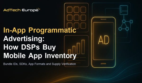 In-app programmatic advertising feature image showing a mobile app ad placement connected to a DSP bidding dashboard.