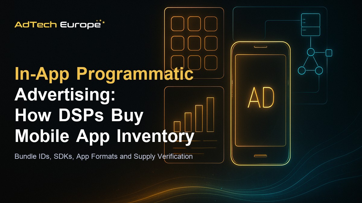 In-app programmatic advertising feature image showing a mobile app ad placement connected to a DSP bidding dashboard.