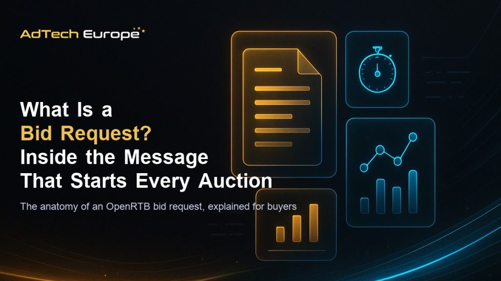 What is a bid request feature image showing an OpenRTB bid request travelling from a publisher's ad slot to a DSP dashboard.