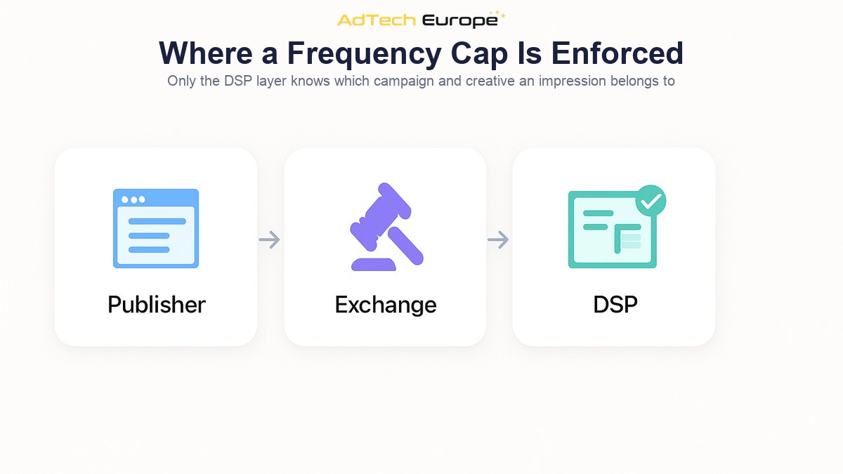 Infographic showing the three layers where a frequency cap can be enforced: the publisher, the exchange and the DSP.