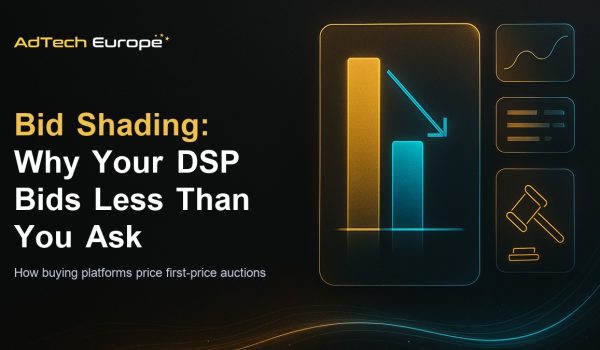 Bid shading feature image showing a DSP dashboard lowering bids toward the winning price in a first-price auction.