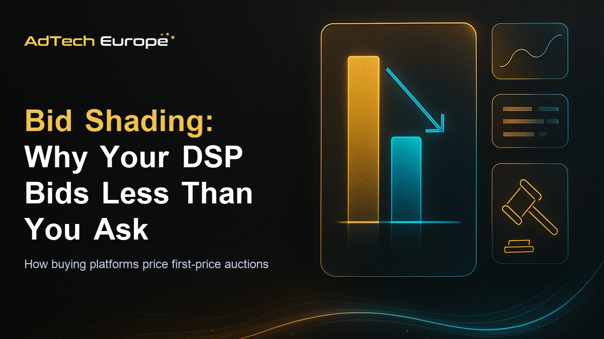 Bid shading feature image showing a DSP dashboard lowering bids toward the winning price in a first-price auction.
