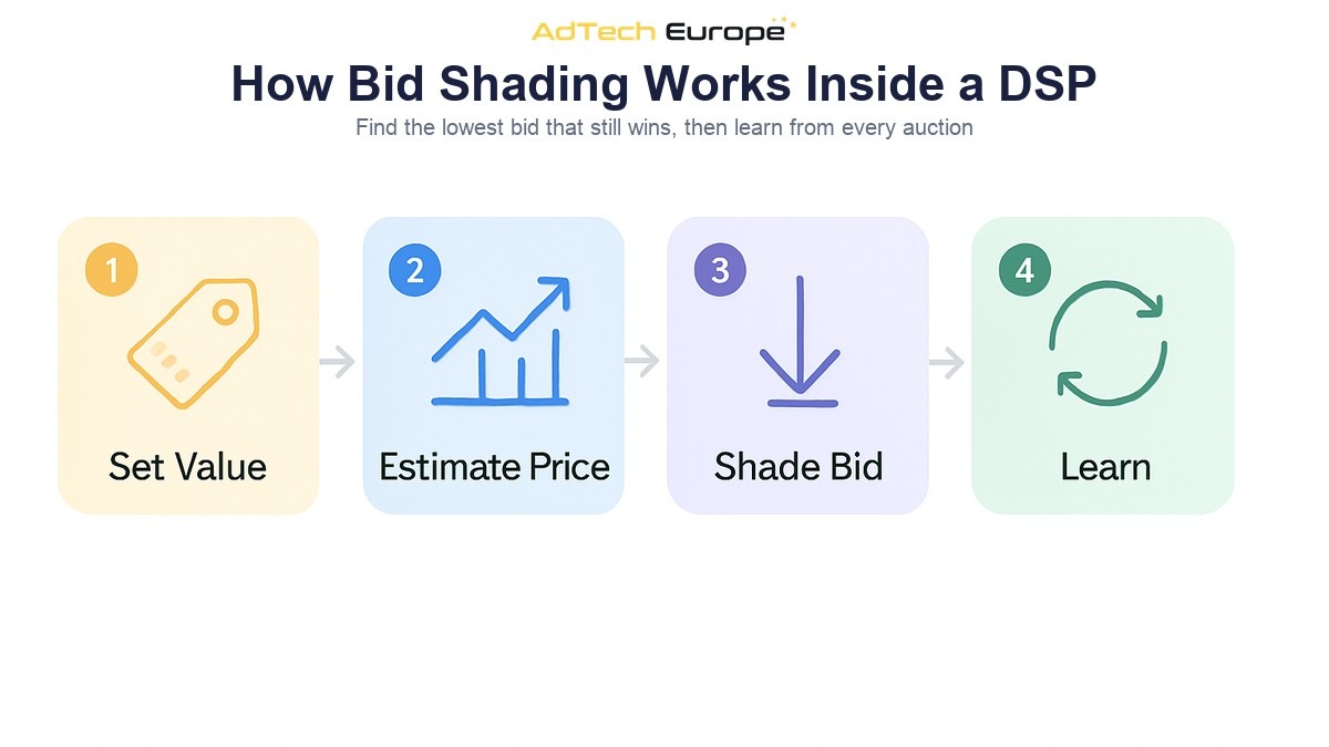 Infographic showing how bid shading works inside a DSP in four steps: set the value, estimate the winning price, shade the bid, learn from the result.